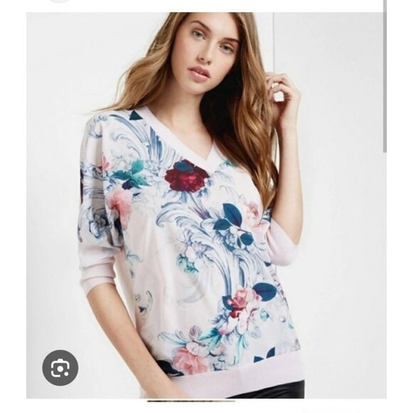 Ted Baker London Floral Sweater Top Oversized Size 6 Pink Silk Blend - Picture 1 of 12